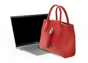 Seconde main : ordinateur portable gris ouvert et sac à main en cuir rouge.