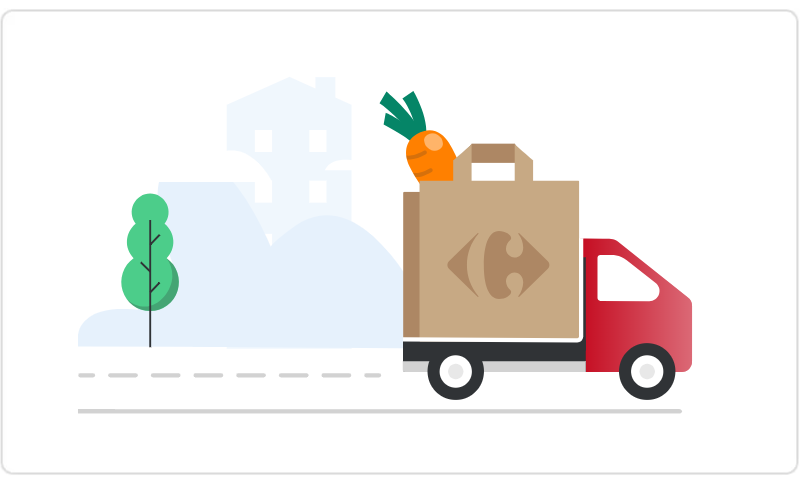 Illustration service de livraison à domicile Carrefour camion avec sac de course