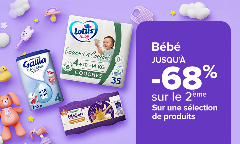 Jusqu'à -68 sur le 2è sur une sélection de produits bébé