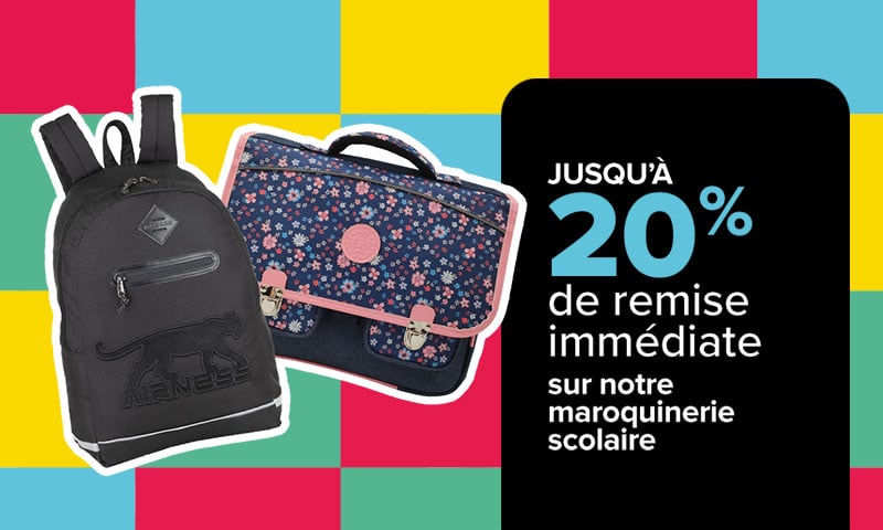 Jusqu'à 20% de remise sur notre maroquinerie scolaire