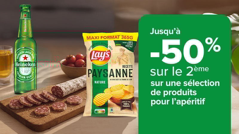 jusu'à -50% sur le 2ème sur une sélection de produits pour l'apéritif