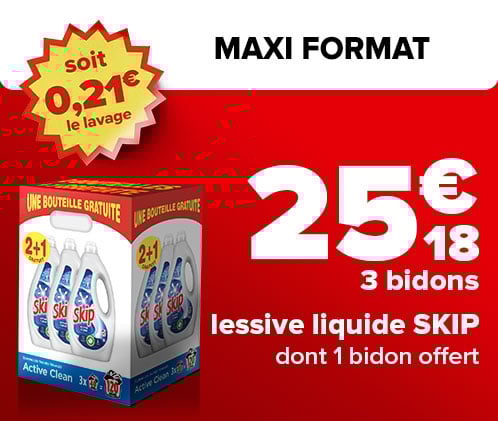 maxi format 25,18€ 3 bidons lessive skip dont 1 bidon offert