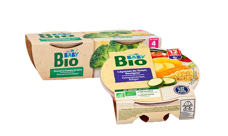 Plats bébés My Carrefour Baby Bio : purées dès 4 mois et bols dès 12 mois.