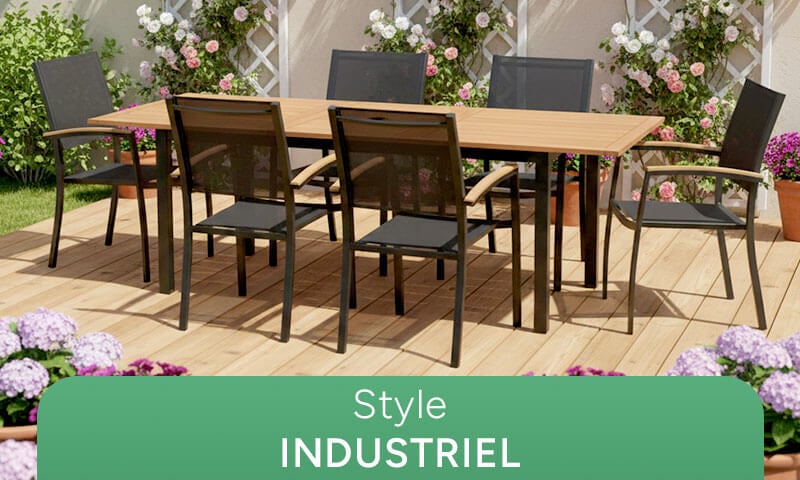 Mobilier de jardin Style Industriel : grande table bois et chaises métal noir.