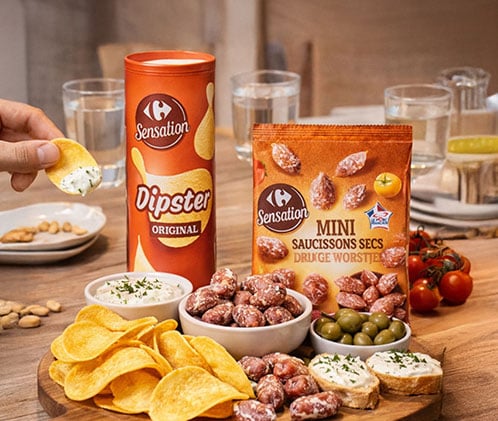 Apéritif Carrefour Sensation : tuiles Dipster et mini saucissons secs.