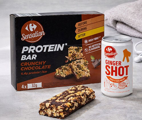 Barres protéinées chocolat et Ginger Shot Carrefour Sensation, routine fitness.