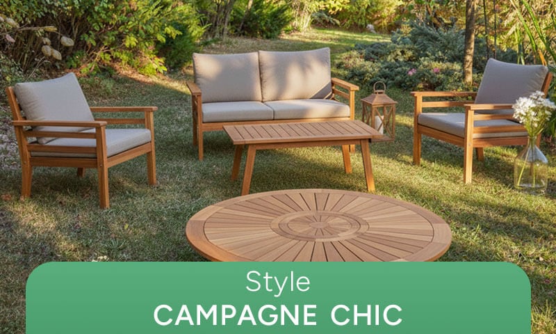 Mobilier de jardin Style Campagne Chic : salon complet en bois et coussins gris.
