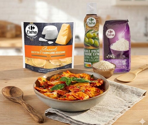 Girasoli Ricotta Parmigiano, Huile d'olive et Riz parfumé Carrefour Extra.