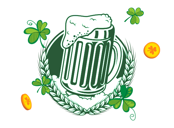 Illustration Saint-Patrick : chope de bière mousseuse, trèfles et pièces d'or.