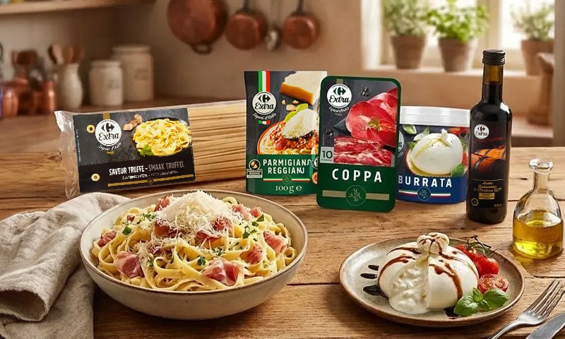 Sélection de produits italiens Carrefour Extra : pâtes, coppa, burrata et pesto.