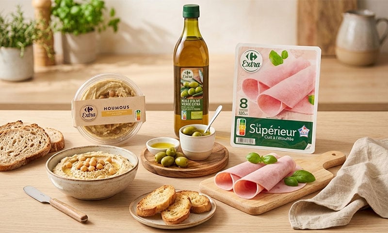 Sélection de produits Carrefour Extra : jambon, houmous et huile d'olive.
