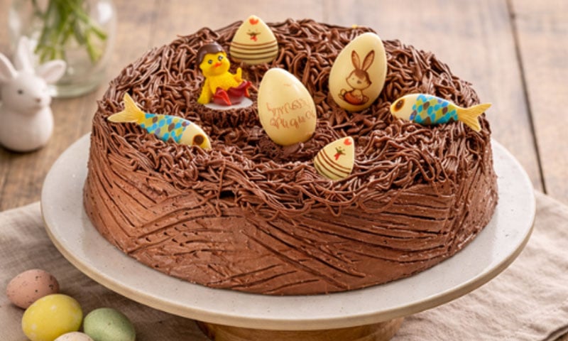 Gâteau de Pâques en chocolat décoré d'œufs, de poissons et d'un poussin.