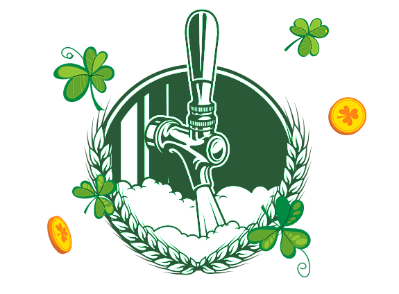 Illustration Saint-Patrick avec tireuse à bière, trèfles et pièces d'or.