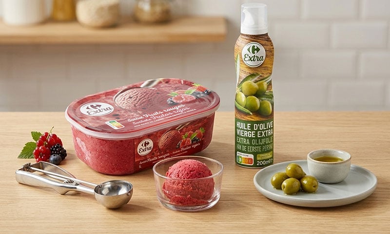 Sorbet fruits rouges et Huile d'olive vierge extra Carrefour Extra.
