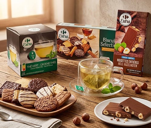 Thé, biscuits et chocolat noir aux noisettes entières Carrefour Extra