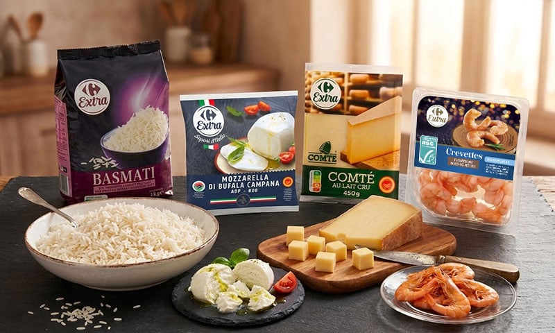Sélection de produits Carrefour Extra : riz, mozzarella, comté et crevettes.