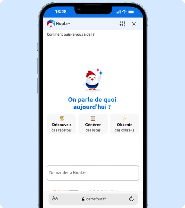 Interface Hopla : assistant IA pour recettes, listes et conseils Carrefour.
