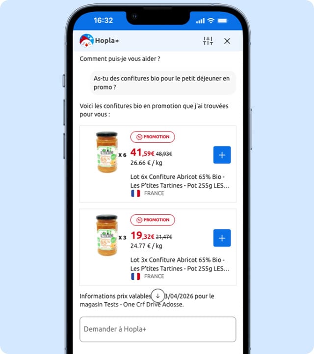 Interface Hopla : sélection de confitures bio en promo avec remises -10% Club.