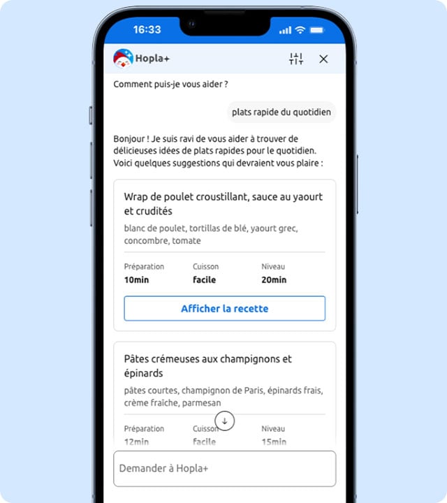 Suggestions de recettes rapides via l'assistant Hopla sur Carrefour.fr.