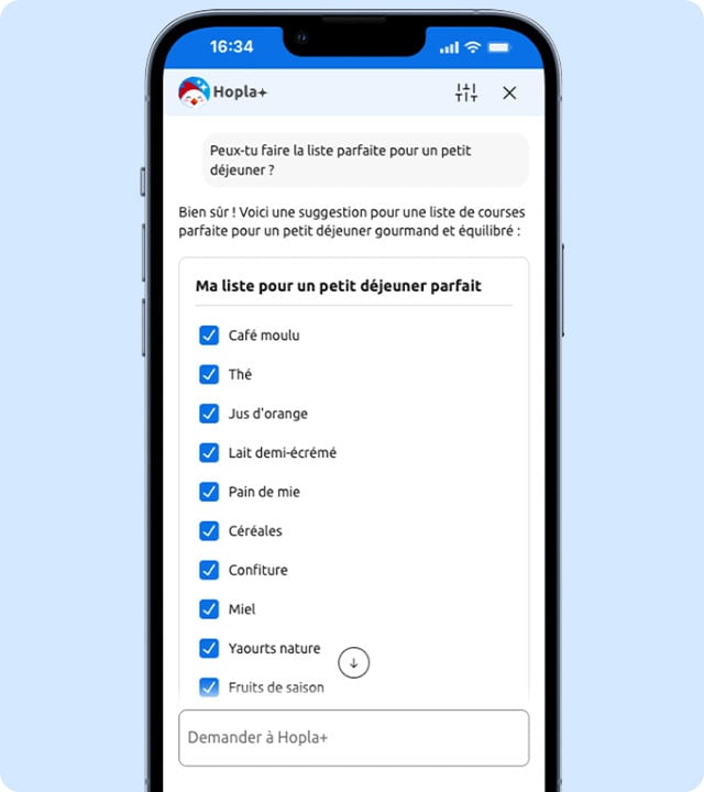 IA Hopla : Liste de courses personnalisées "Brunch entre amis" prête à l'achat.