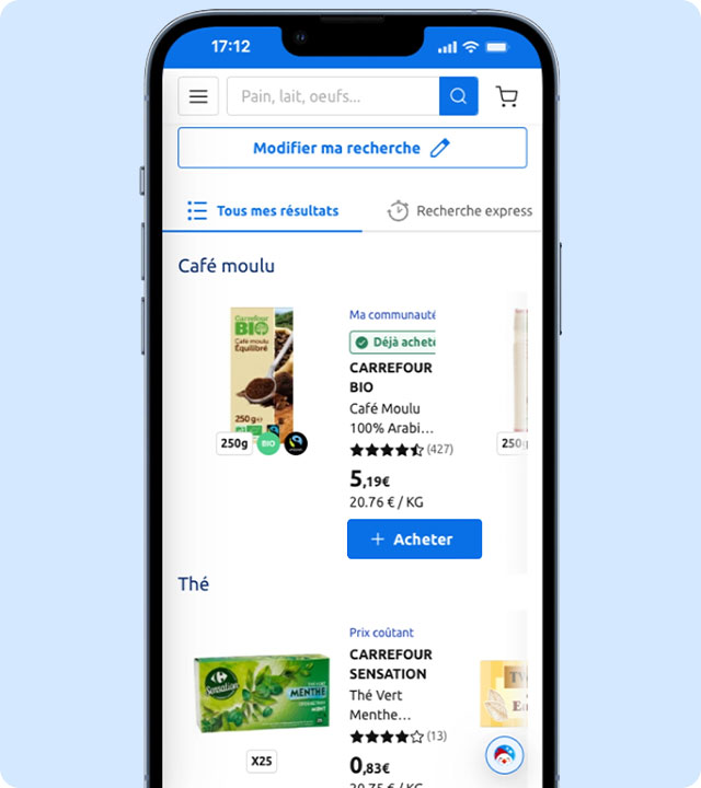 Recherche express Carrefour : sélection Café Carte Noire et Jus d'Orange Extra.