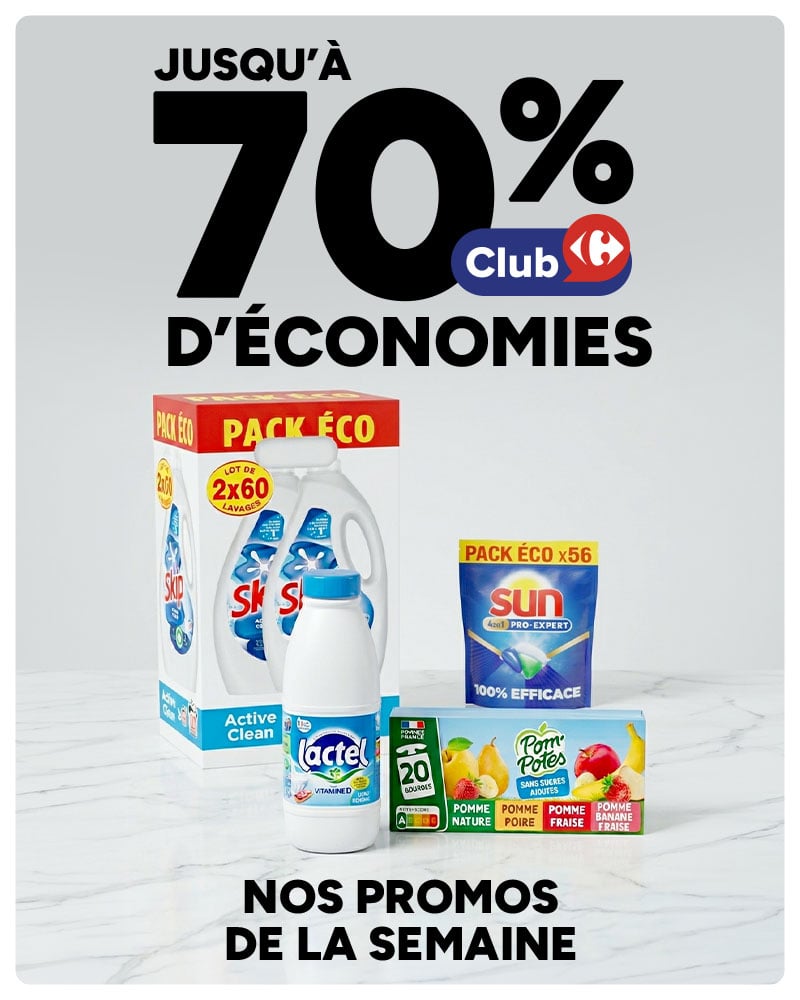 Jusqu'à 70% d'économies avec la carte Carrefour sur une sélection de produits.