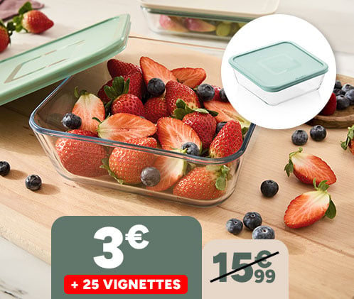 Boîte carrée 2L Pyrex à 3€ + 25 vignettes. Prix barré 15,99€.