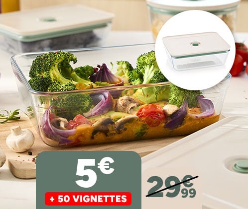 Boîte rectangle 2,6L Pyrex à 5€ + 50 vignettes. Prix barré 29,99€.