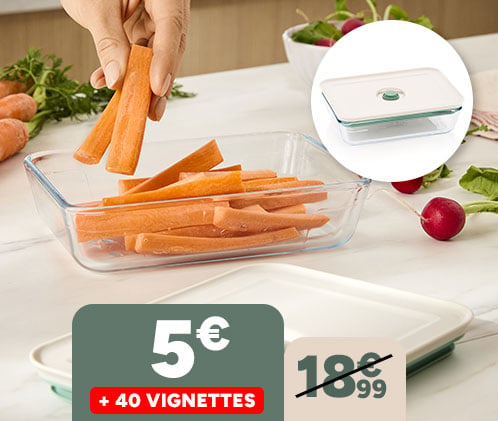 Boîte rectangle 0,8L Pyrex à 5€ + 40 vignettes. Prix barré 18,99€.