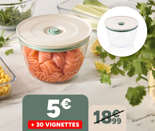 Boîte ronde 1,1L Pyrex à 5€ + 30 vignettes. Prix barré 18,99€.