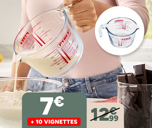 Broc doseur 1L Pyrex à 7€ + 10 vignettes. Prix barré 12,99€.