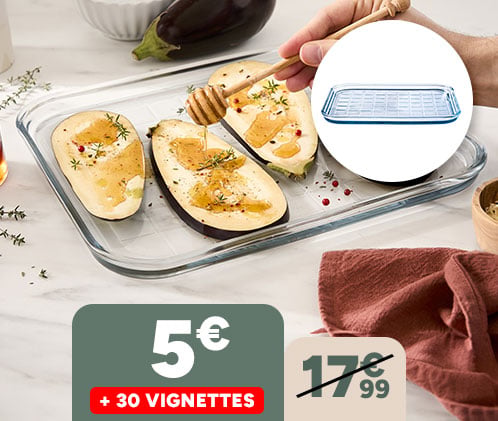 Plaque de cuisson Pyrex à 5€ + 30 vignettes. Prix barré 17,99€.