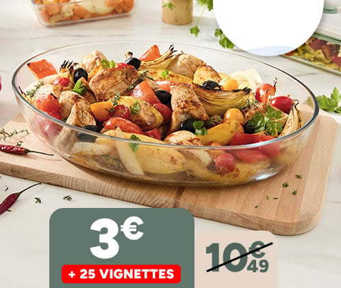 Plat ovale Pyrex à 3€ + 25 vignettes. Prix barré 10,49€.
