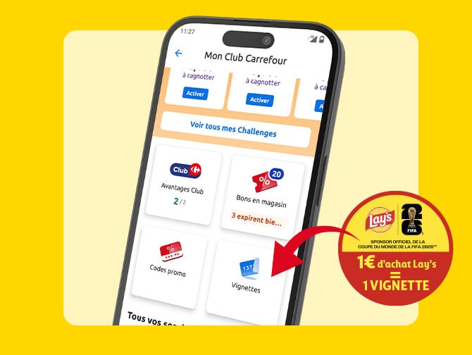 Lays x FIFA 2026 : 1€ d'achat Lays = 1 vignette sur l'app Carrefour.