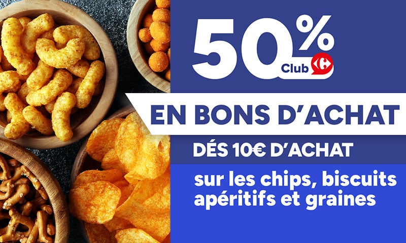 50% Club Carrefour en bons d'achat dès 10€ d'achat sur les produits apéritifs.