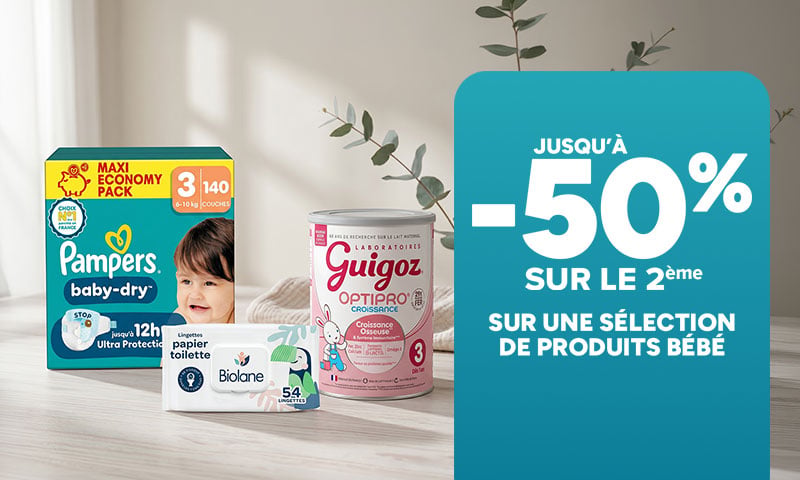 Jusqu'à -50% sur le 2ème sur une sélection de produits bébé.