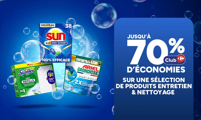 Jusqu'à 70% d'économies Club Carrefour sur les produits entretien & nettoyage.