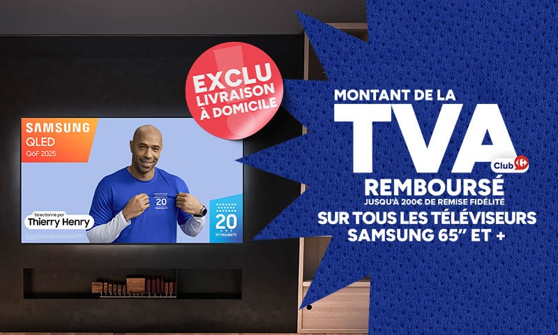 Montant de la TVA remboursé sur tous les téléviseurs Samsung 65 pouces et plus.