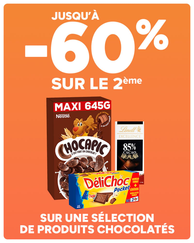 Jusqu'à -60% sur le 2ème sur une sélection de produits chocolatés.