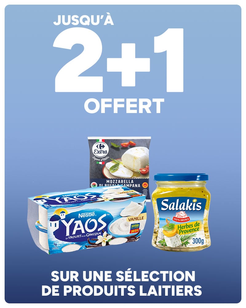 Jusqu'à 2+1 offert sur une sélection de produits laitiers