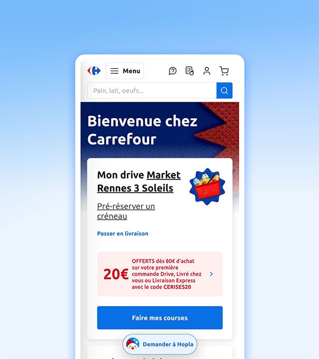 Page d'accueil de carrefour.fr avec le bouton demander à Hopla