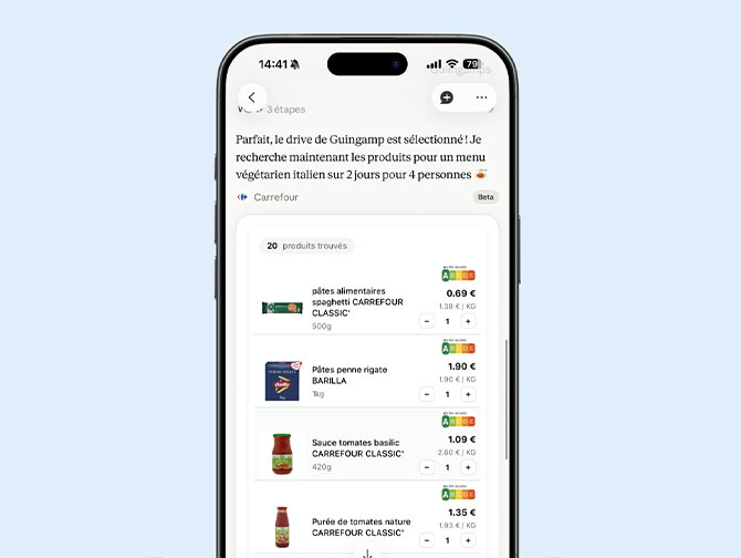 Interface Hopla Carrefour affichant une liste de produits italiens végétariens.