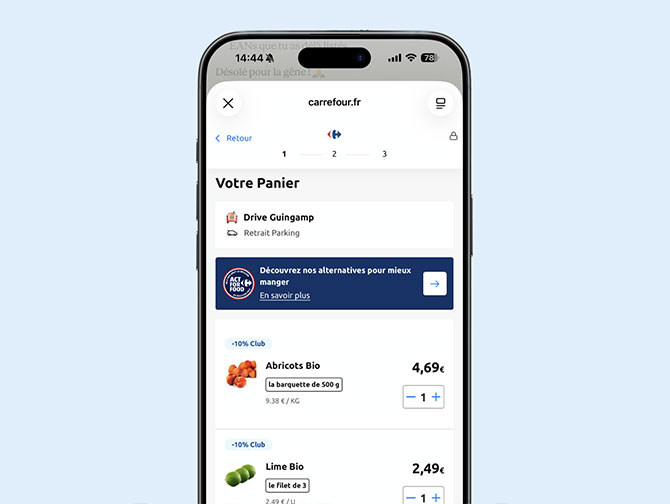 Étape de validation du panier Carrefour pour le Drive de Guingamp.