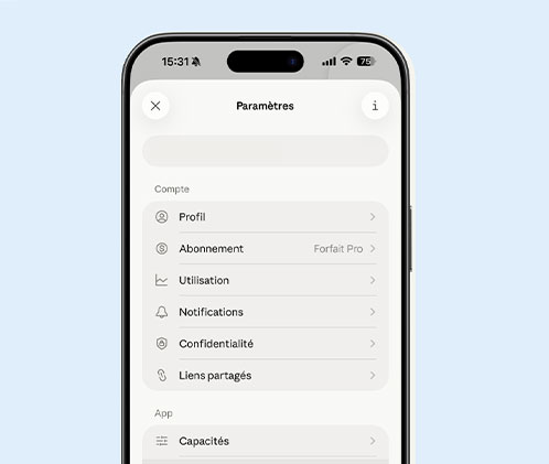 Écran Paramètres de l'application avec les options du compte.