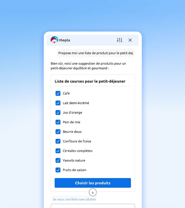 Interface Hopla : Liste de courses suggérée pour le petit-déjeuner.