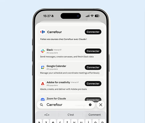 Écran de connexion des applications partenaires dont Carrefour, Slack et Google.