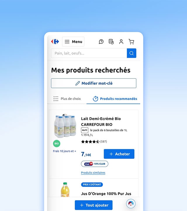 Page Carrefour : Mes produits recherchés avec liste de résultats et ajout panier