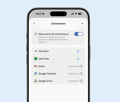Écran de gestion des connecteurs de l'application avec option de découverte.