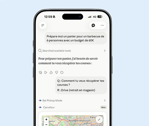 Interface de discussion avec l'assistant virtuel Hopla pour créer un panier.
