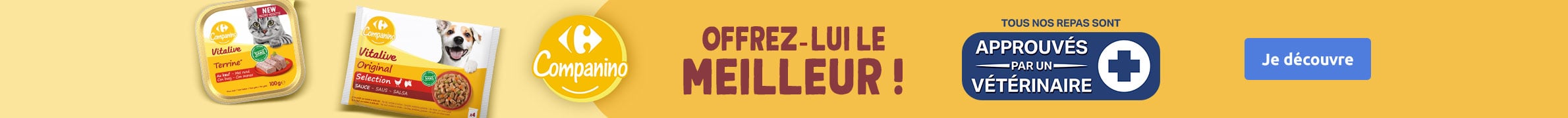 Bandeau Carrefour Companino : Offrez-lui le meilleur ! Repas pour animaux.